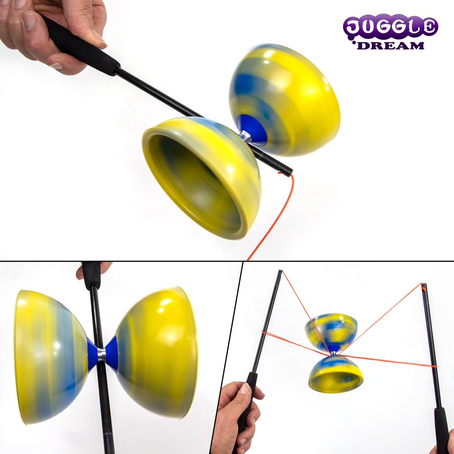 Juggle Dream Jester Diabolo Set - Fixed axle professional diabolo with Superglass handsticks, online learning video - juggling toy (Blue/Yellow)