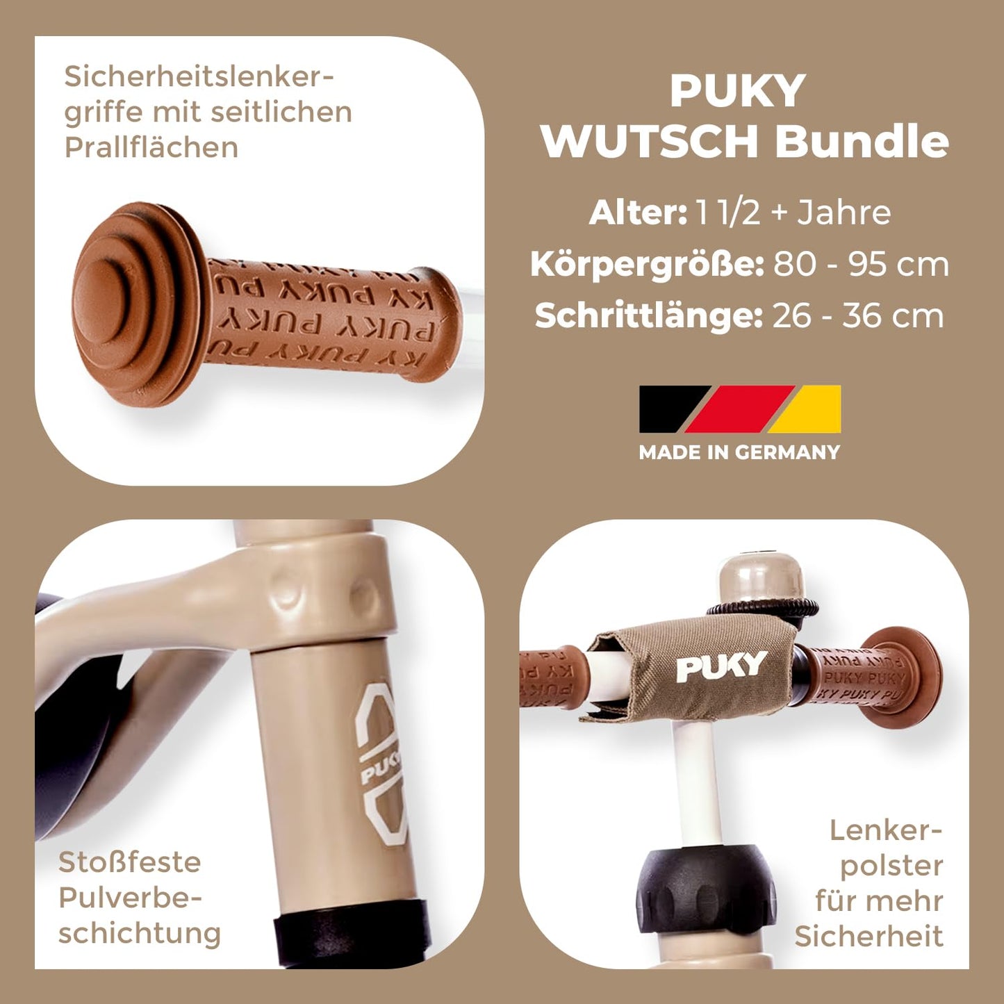 PUKY WUTSCH Bundle | Safe balance bike | For toddlers from 1.5 years | Sliding vehicle | Pendulum axle | With safety handlebars (Dusty Sand)