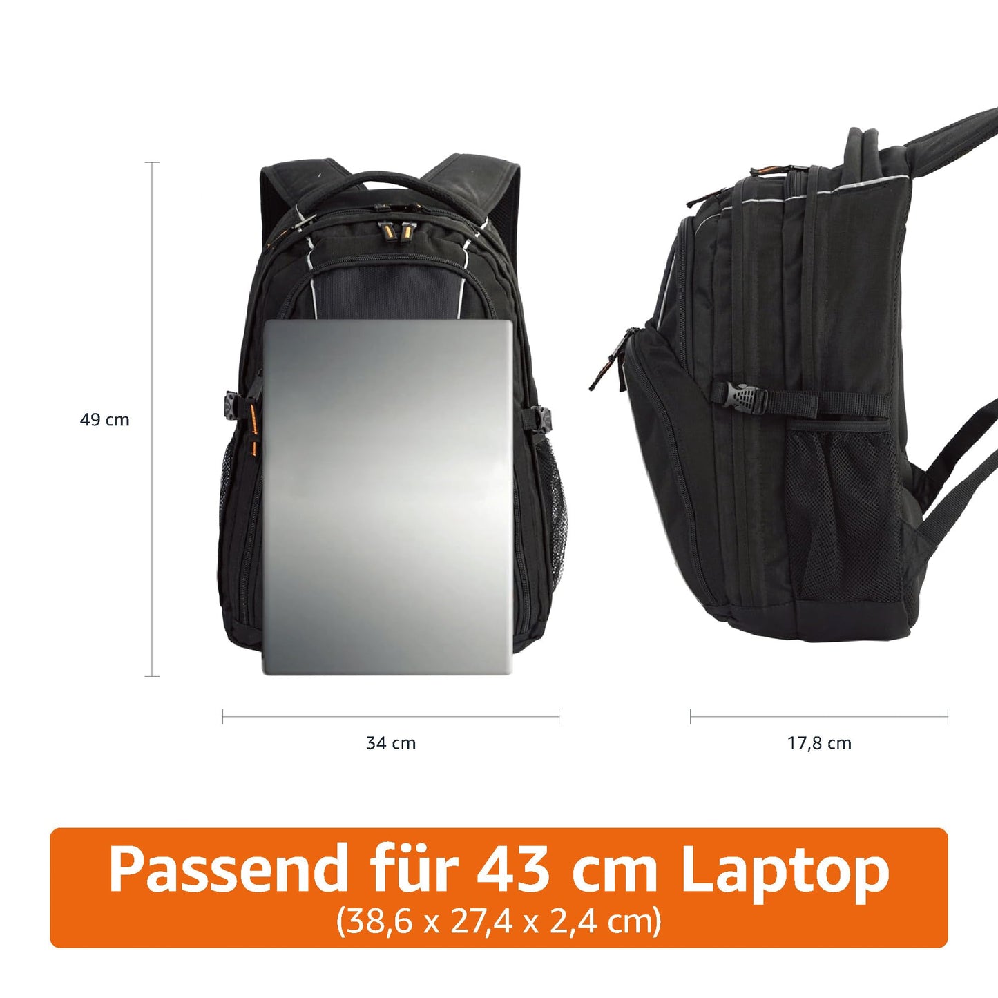Amazon Basics laptop backpack with padded shoulder straps and storage compartments for pens, keys, phone, suitable for most laptops up to 17 inches, Black.