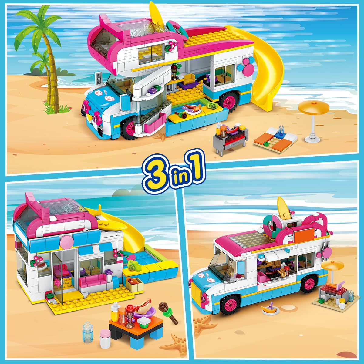 CUBIMANA 3-in-1 camper building blocks toy, RV caravan construction toy with slide and stickers, gifts for kids girls and boys from 6 to 12+ years old (494PCS)