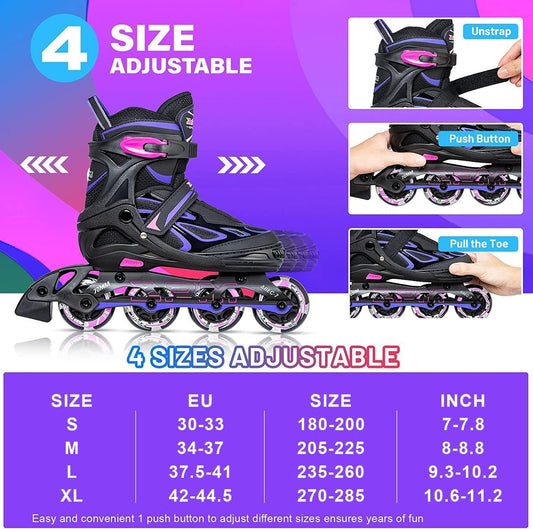 2PM SPORTS Adjustable Inline Skates for Kids Girls Boys, Inline Skates Rollerblades for Women Men Size 30-33 34-37 38-41 42-44 (Purple XL)