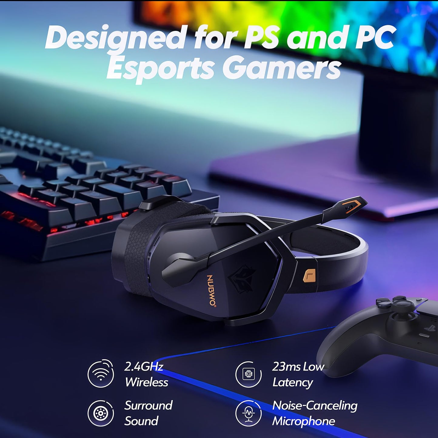 NUBWO G06 Dual Wireless Gaming Headset with microphone for PS5, PS4, PC, Mobile: 2.4 GHz Wireless + Bluetooth - 100 hours - 50mm driver - Orange