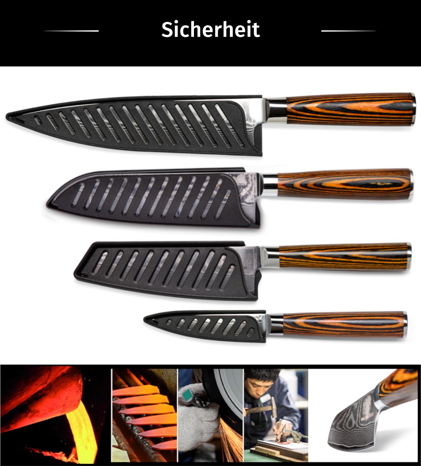 Wolfblood 4-piece damascus knife set (32, 30, 24, and 20 cm) Professional damascus kitchen knife set made of genuine 67 layers of damascus steel I Set includes chef's knife, santoku knife, blade guard, and gift box
