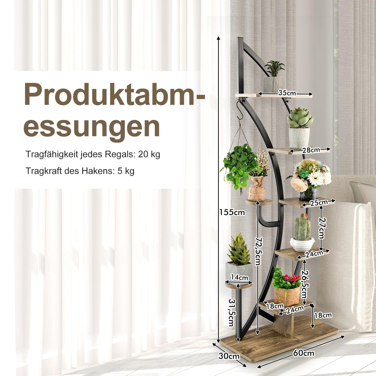 RELAX4LIFE Plant Stand Half Moon Shaped, 6-Tier Flower Shelf with Shelves Hooks, Flower Stand with 2 Installation Methods & Anti-tilt Device, Plant Shelf for Garden Balcony (1 Piece, Brown)