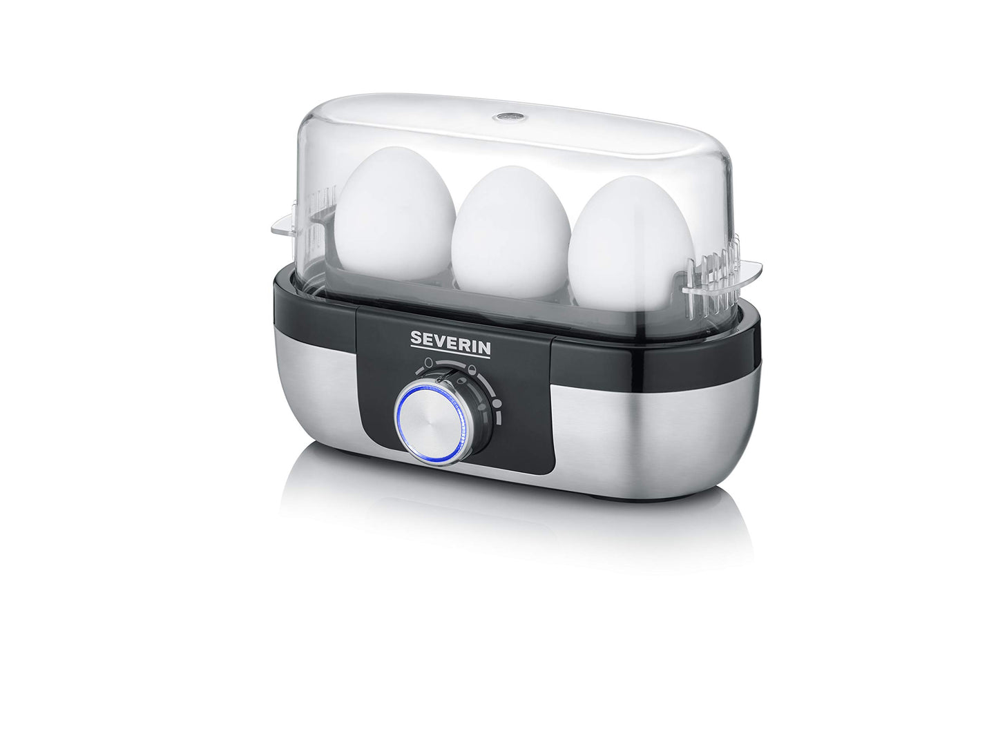 SEVERIN egg cooker for 3 eggs with electronic cooking time monitoring, including measuring cup with egg piercer, egg cooker for ideal hardness level, stainless steel brushed/black, 300 W, EK 3163