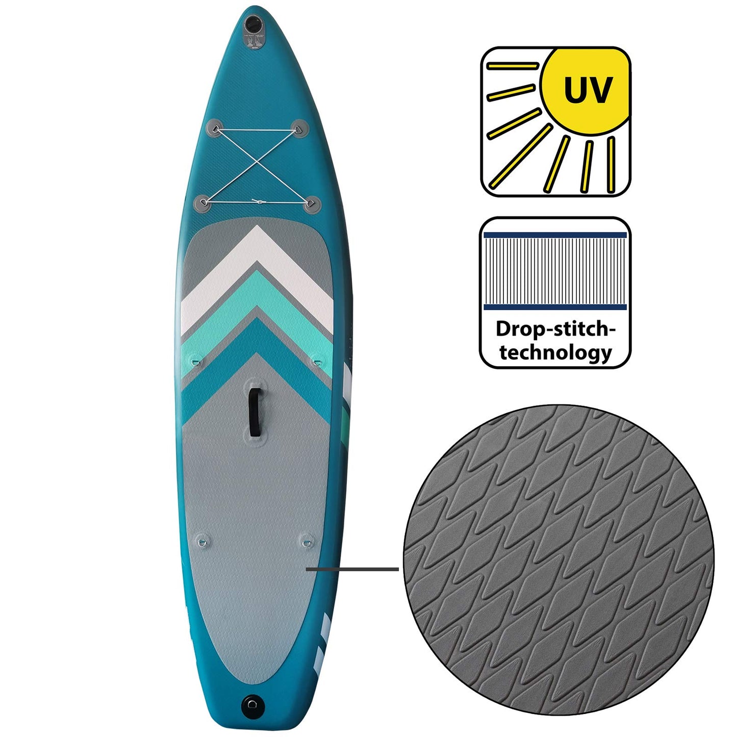 ALPIDEX Stand Up Paddle Set SUP 305 x 76 x 15 cm. Load capacity up to 150 kg. Inflatable, stable, light. Complete set includes carrying bag, paddle, fins, pump, leash, repair kit. Color: Petrol.