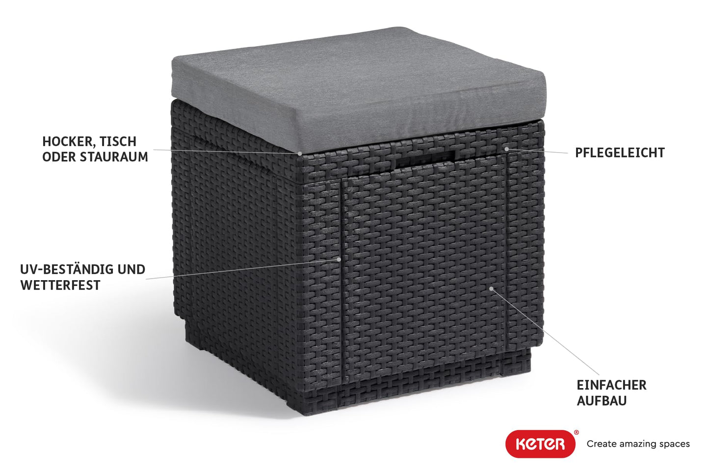 Allibert by Keter Cube Ottoman with Storage, grey, includes cushion, removable lid, flat rattan look, weatherproof, 42x42x39cm