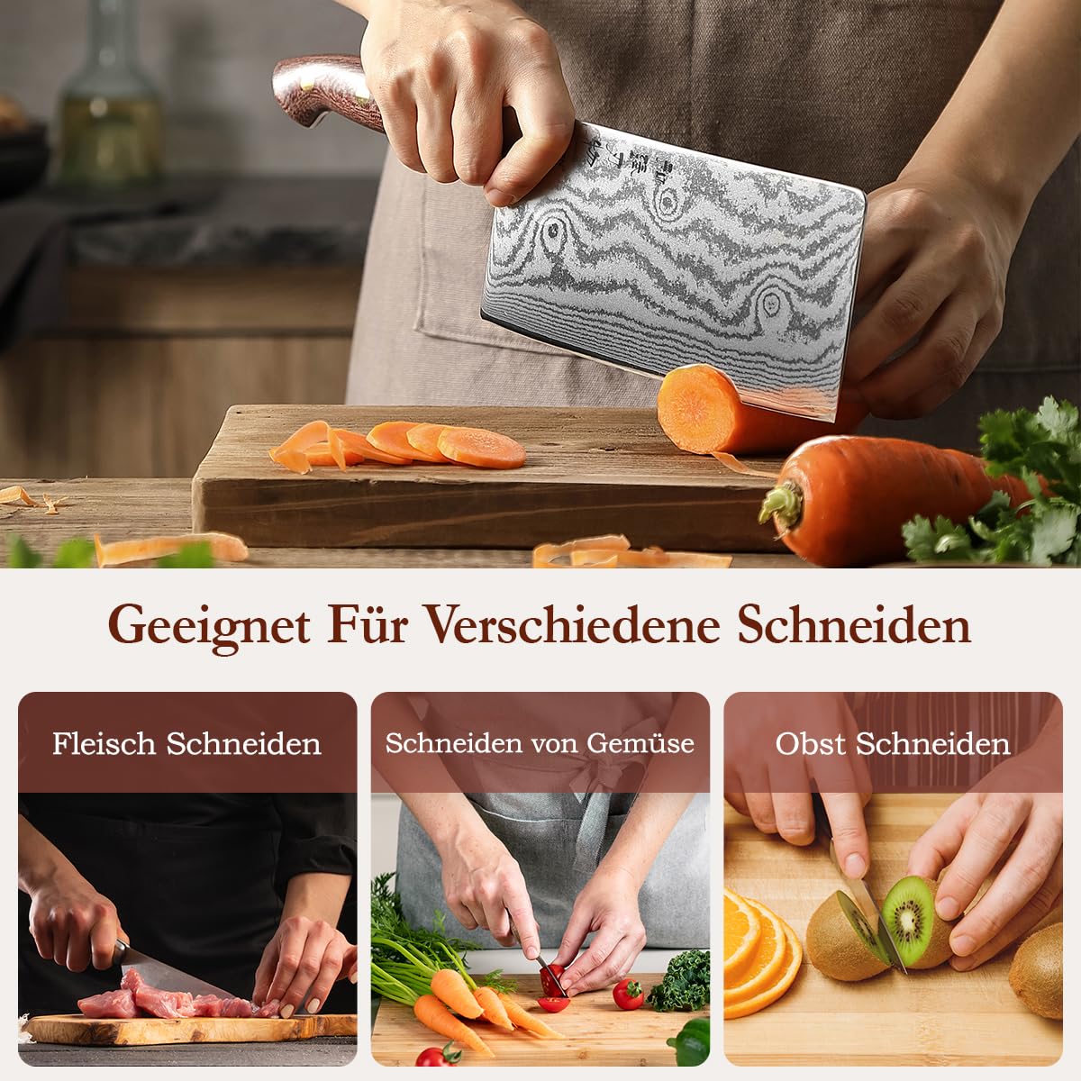 HEZHEN 18cm Cleaver, Professional Chinese Chef Knife, Damascus Steel Sharp Kitchen Knife, Vegetable Meat Cleaver Cutting Knife, Ergonomic Micarta Handle