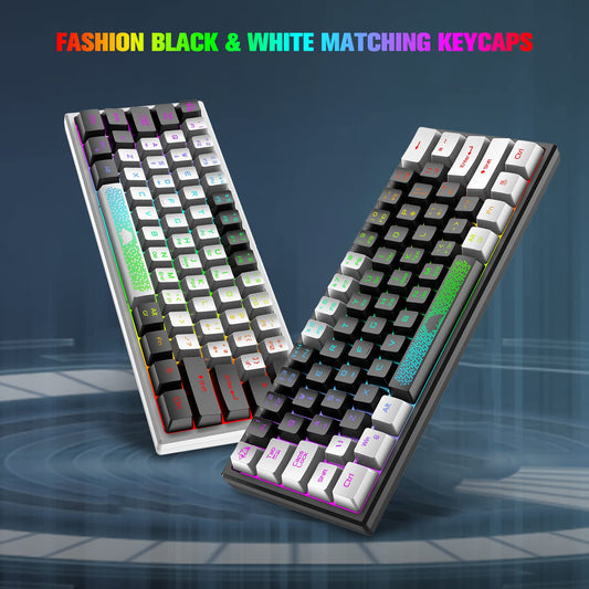 Mini 60% gaming keyboard, membrane game keyboard with semi-mechanical keys, optical RGB chroma backlit compact 62 keys double color keycap, QWERTY layout for PC laptop Mac computer - Black & White.