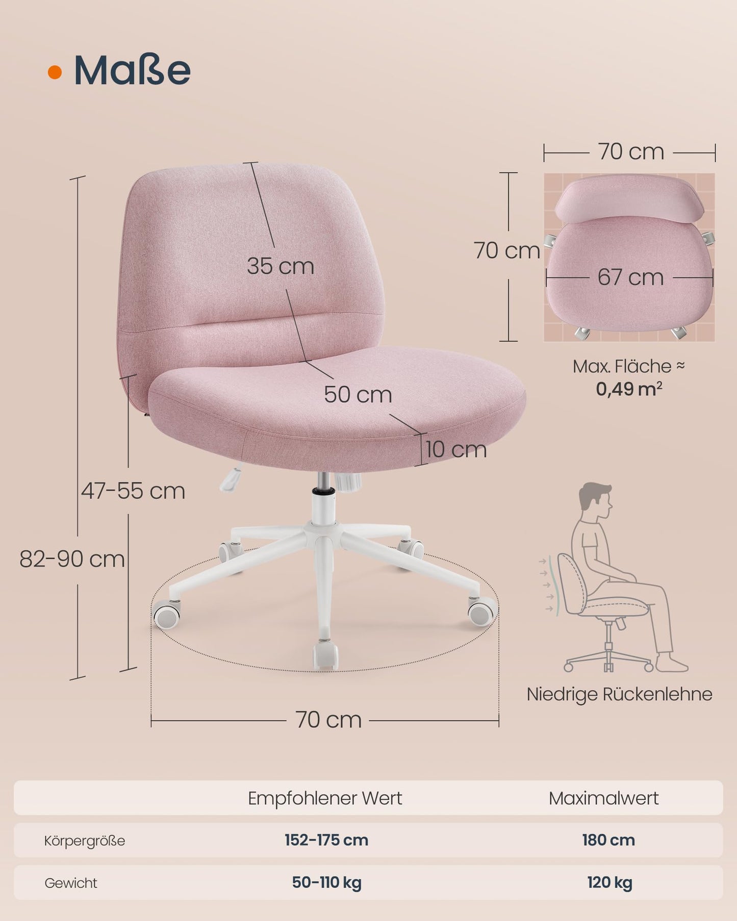SONGMICS HOME Sewing Seat Chair, Makeup Chair, Armless Swivel Chair, Desk Chair, wide seat surface, modern, with base, adjustable height, rocking function, pastel pink OBG047R01