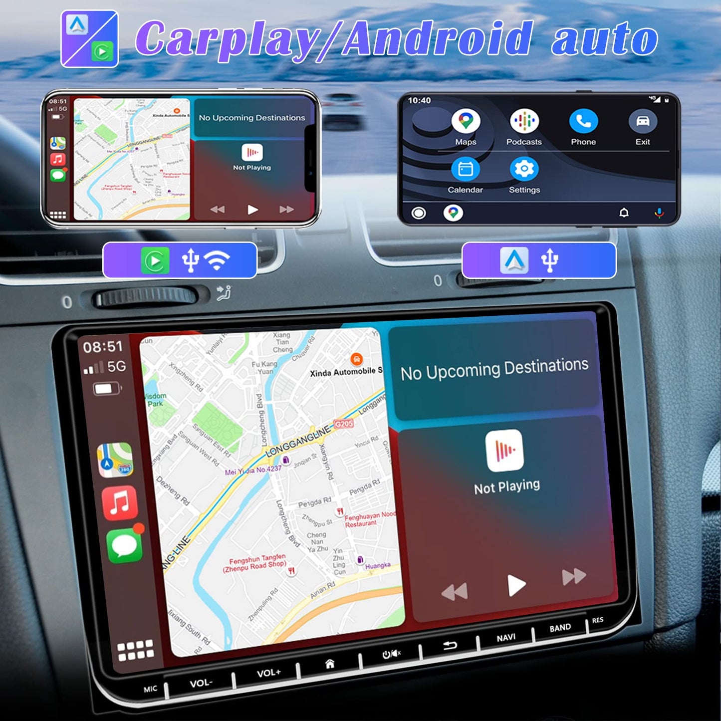 Hikity Android13 car radio with wireless Carplay and navigation for VW Golf 5 6 Passat B6 B7 Jetta Polo Touran Caddy Sharan Seat. 9-inch stereo radio with Bluetooth, WiFi, FM, Android Auto, and rearview camera.
