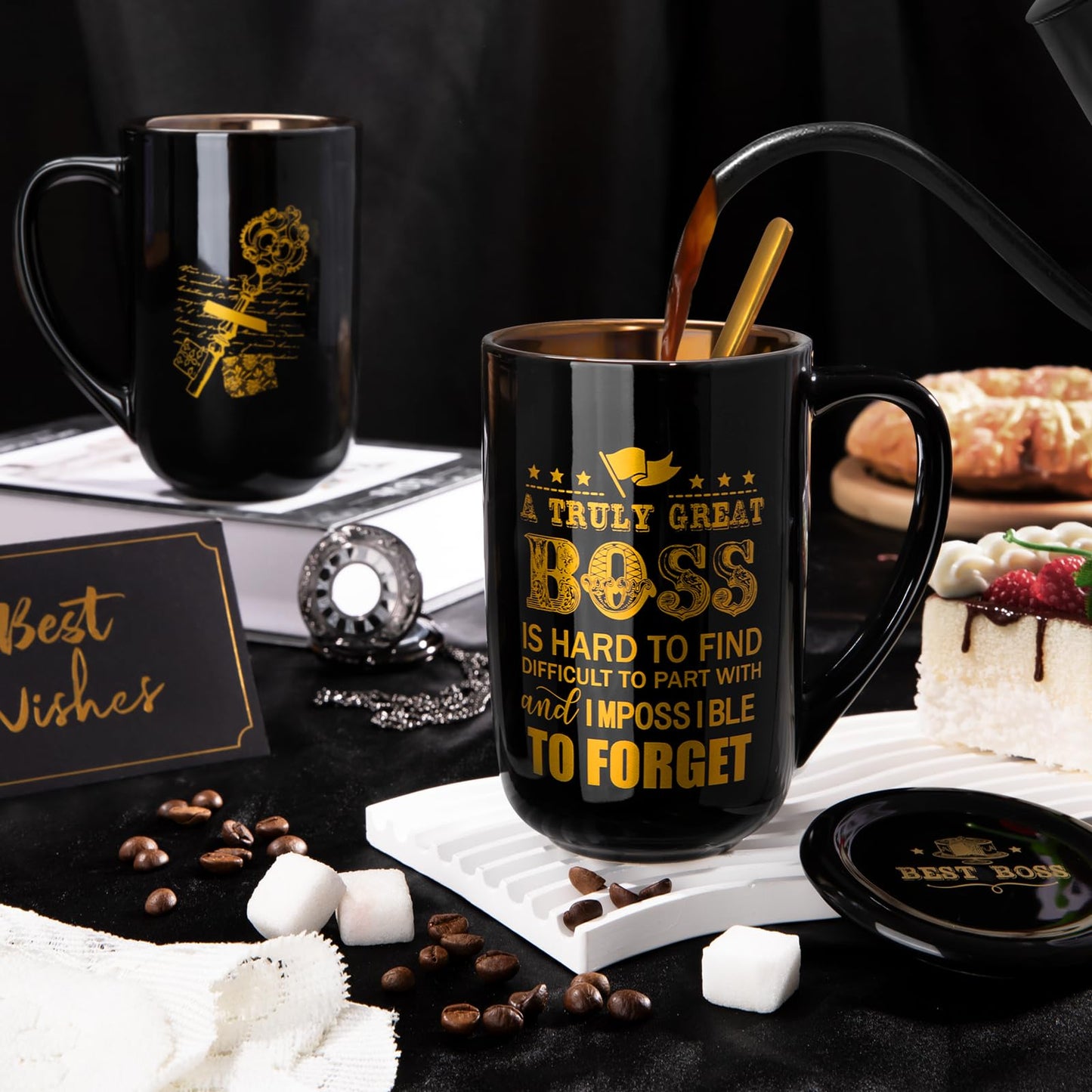 Doublewhale Boss Gifts, Best Boss Mug, Gifts for Men for Birthday, Farewell, Night Out, Retirement, Boss Day, Christmas, 530ml, black ceramic coffee mug with spoon lid card, beautiful.