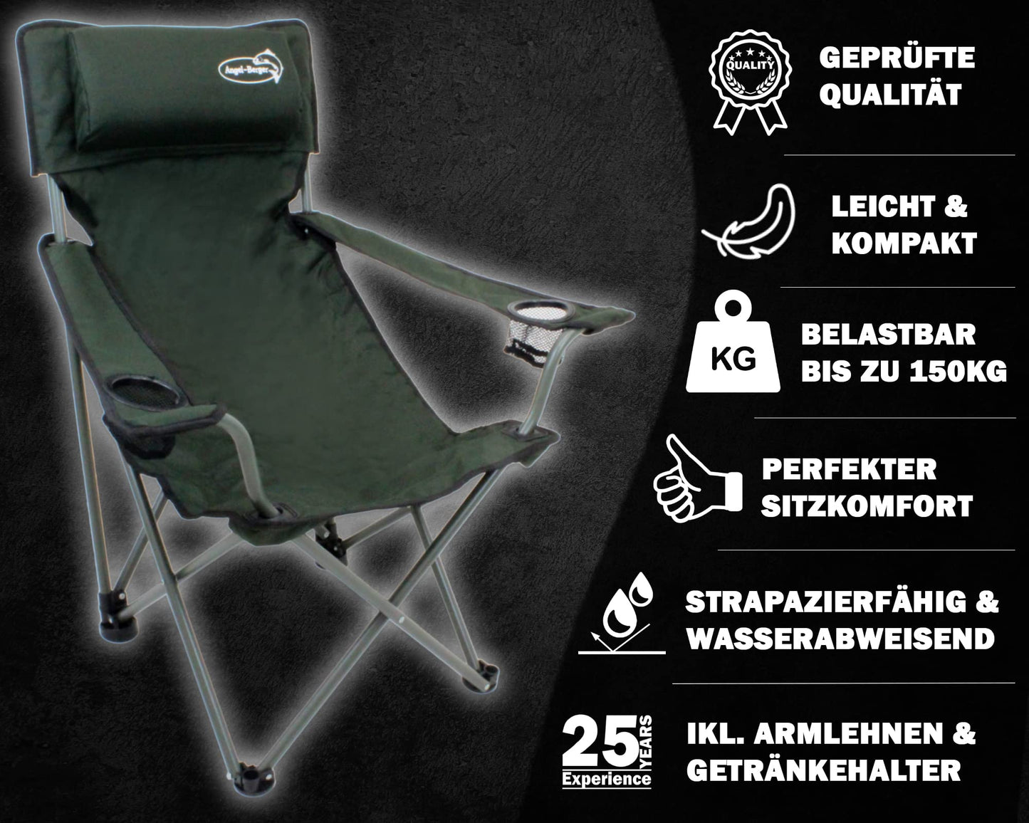Luxury folding chair with drink holders, padding, and armrests in green.