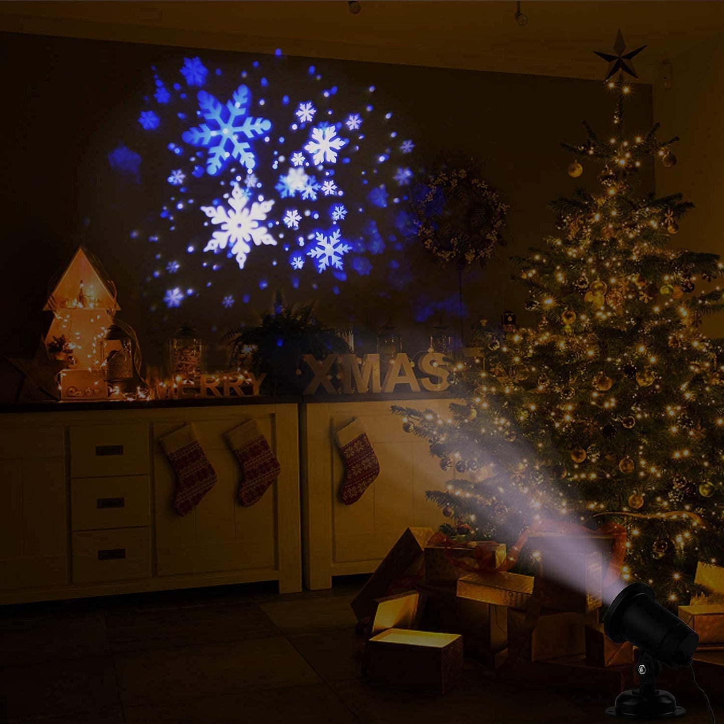 Eambrite Snowflake Projector Light LED White/Blue Rotating Snowfall Landscape Projection Decorative Christmas Lighting with Timer for Birthday Wedding Theme Party Garden Home