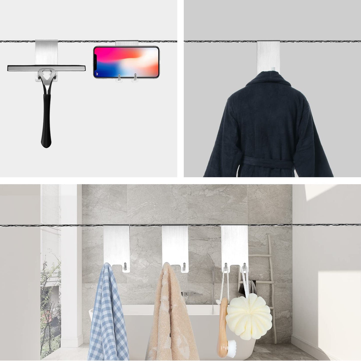 Kegii Bathrobe Towel Hooks 3 Pack - Hooks for Shower Wall, Stainless Steel Towel Holder for Hanging on the Glass Shower Door, Silver
