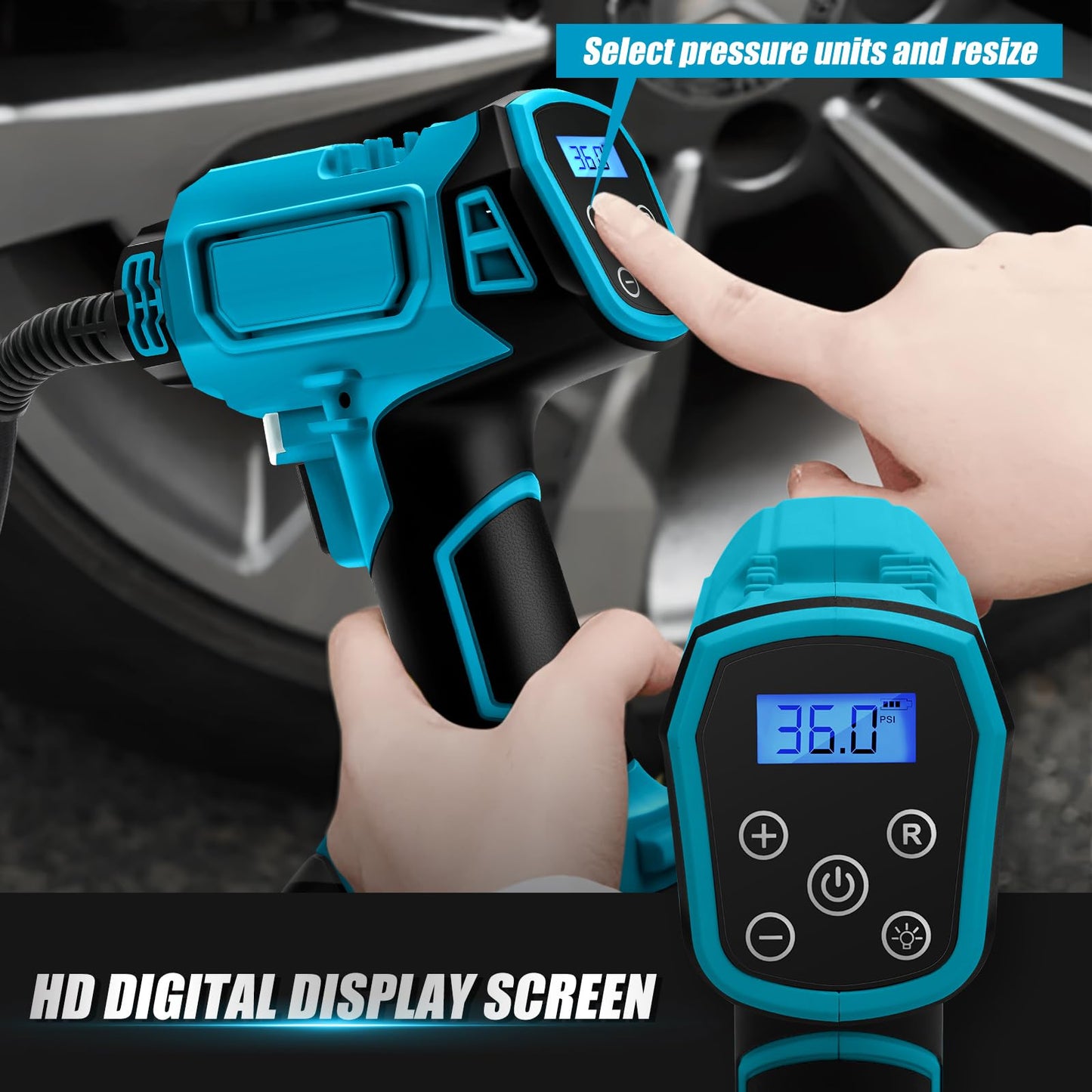 Battery compressor for Makita 18v, 130PSI electric air pump car compressor, LED digital pressure display, auto-off function, ideal for bicycle/car/ball (A)
