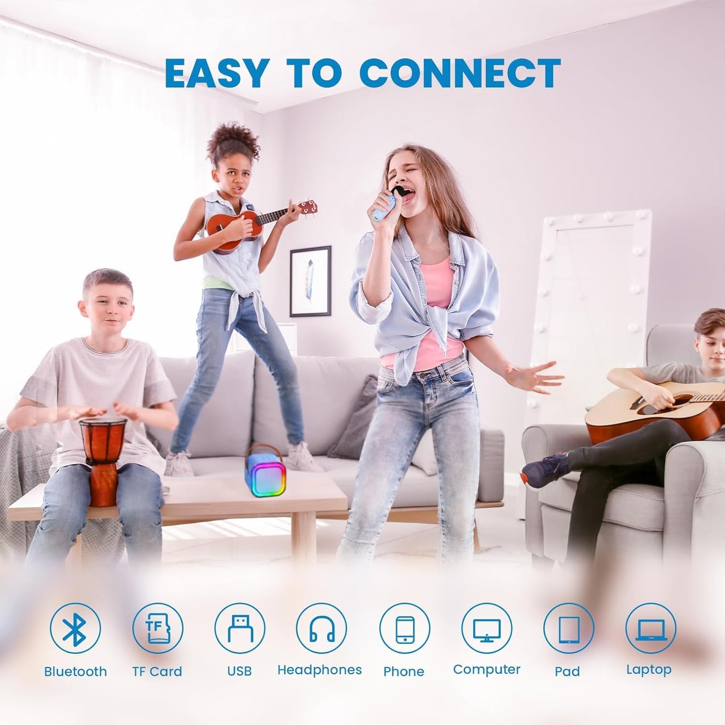 Mini karaoke machine for kids and adults, portable singing machine with 2 wireless microphones, thousands of karaoke songs, birthday gifts for girls aged 3 to 12 (Blue)
