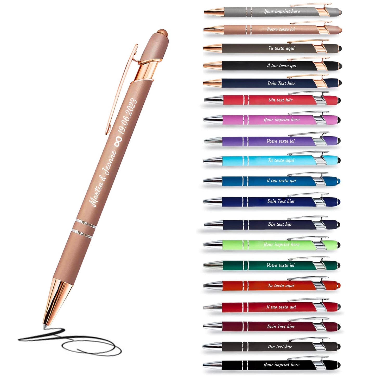 Beautiful Papers - x12 - Personalized 2 in 1 Pen - Personalized Ballpoint Pen with Engraving I Rose Gold Metal I Softtouch Feeling I write in black I integrated Stylus