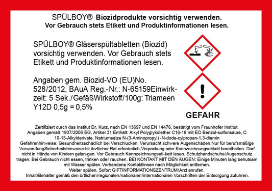 SPÜLBOY® glass washing tablets Neptun T2000 and Twin-Go T (48 tablets to quarter = 192 applications, 750g, 4-6 hours effectiveness)