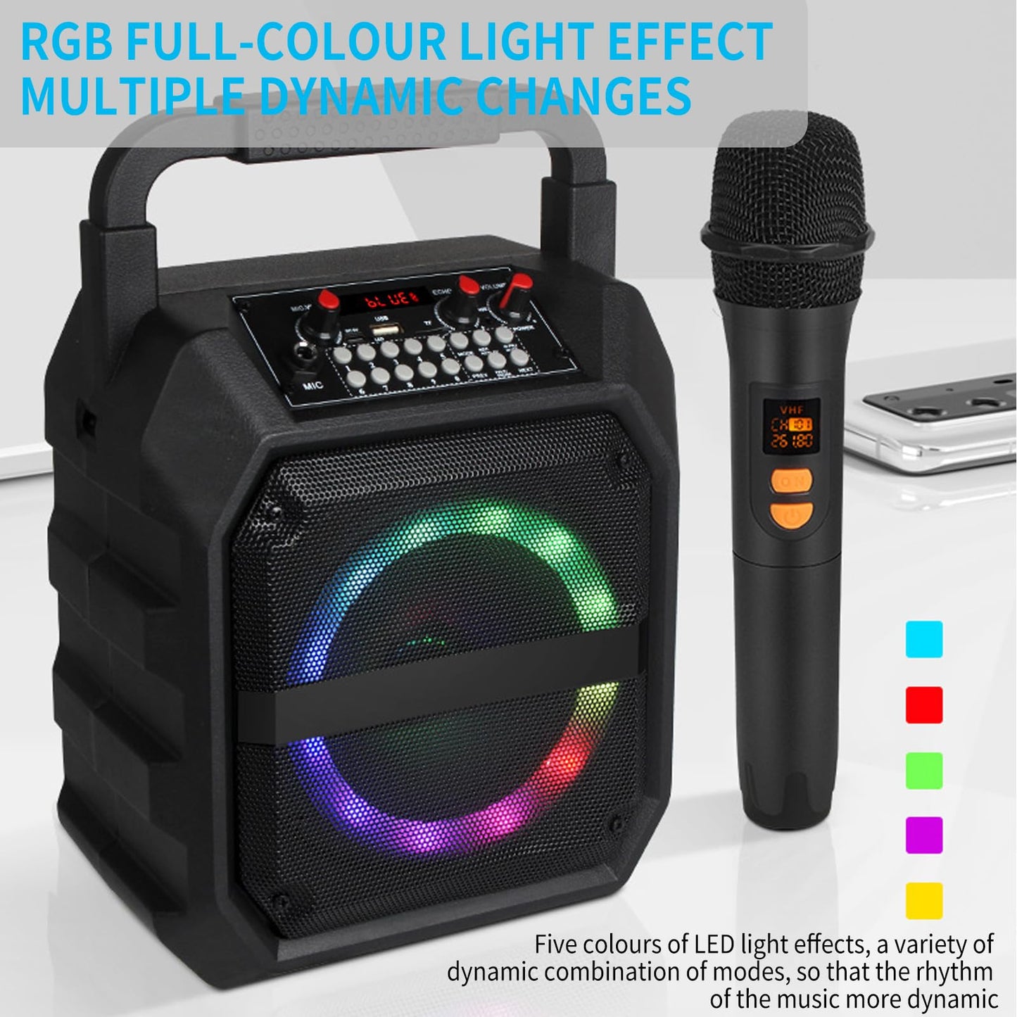 Portable karaoke machine with 2 wireless microphones, portable Bluetooth speaker with RGB lights, PA system for adults and kids, supports TF/USB, FM, Rec, AUX in.