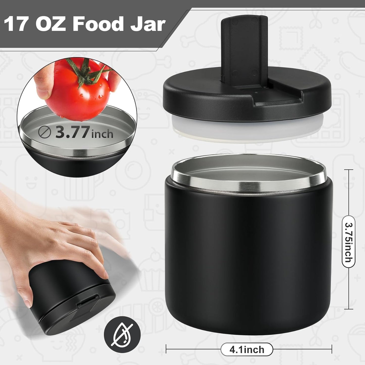 Itslife 560ml stainless steel insulated food jar with buckle cover, wide mouth design, suitable for cold & hot food, leak-proof lunch container for kids, in black.