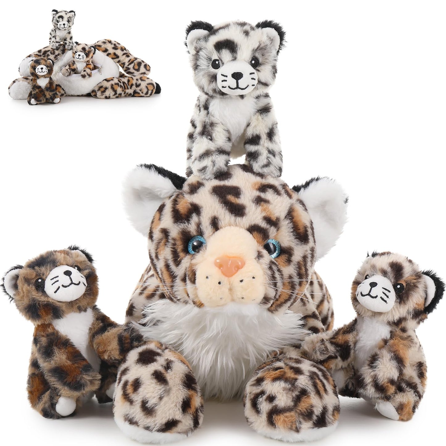 MorisMos 45cm Giant Leopard Stuffed Animal XXL with 3 plush babies in the belly, large lying plush cheetah Leopard XXL, Fluffy plush toy leopard teddy gift for kids