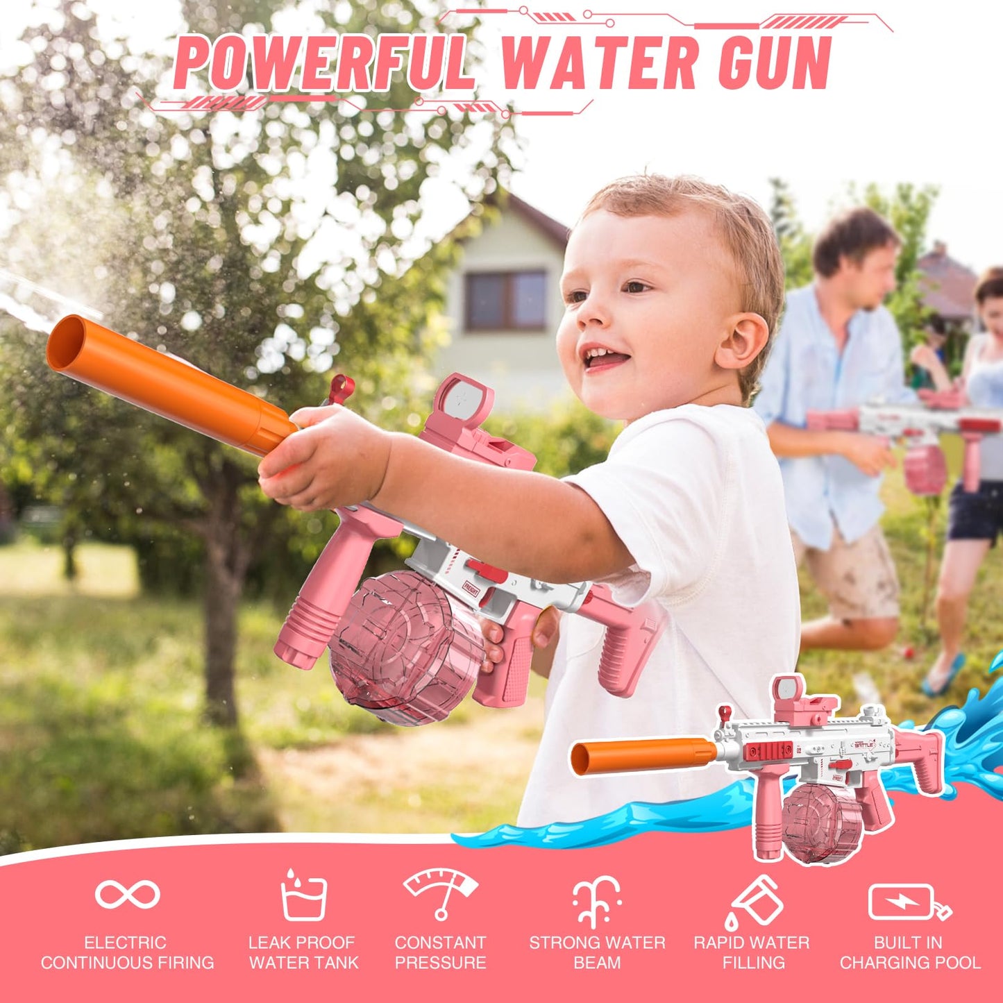 Electric water gun Very powerful water machine gun with rechargeable battery Squirt Gun Water Toy up to 20ft, Outdoor Water Gun shooting game for adults and kids (Pink)