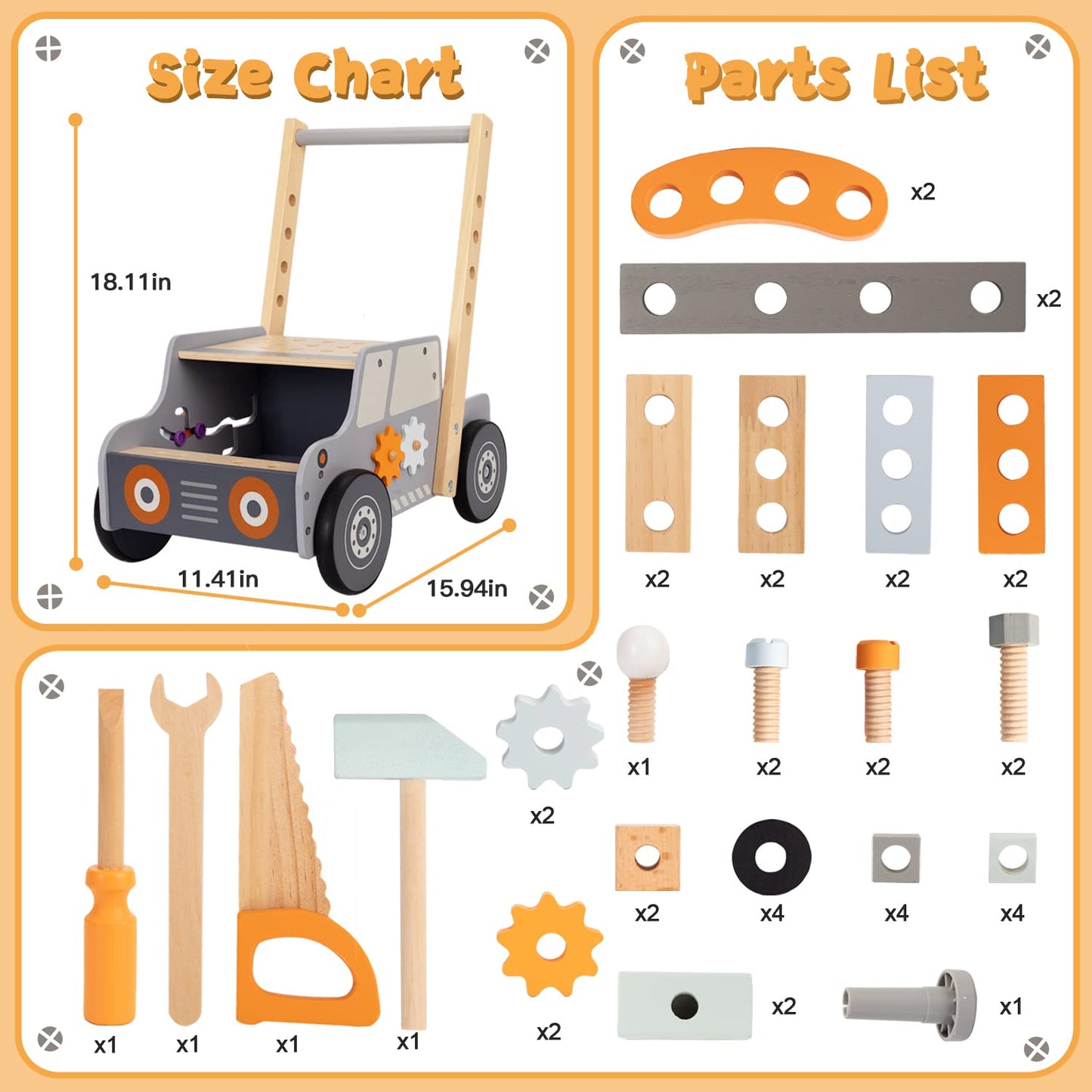Labebe wooden baby walker, toddler tool bench, walking helper for boys and girls, kids workbench, baby activity center, Montessori toy for children aged 1-3 years.