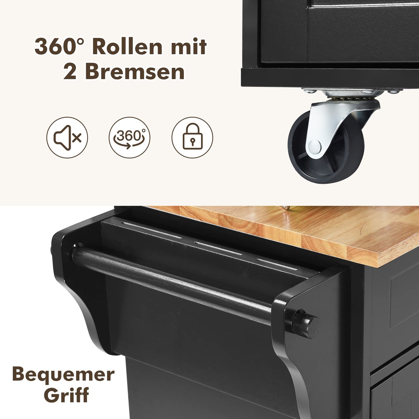 COSTWAY Kitchen Cart on Wheels, Kitchen Serving Trolley with Drawers, Kitchen Island Cart Buffet Cabinet Wood, Kitchen Cabinet with Countertop (Black)