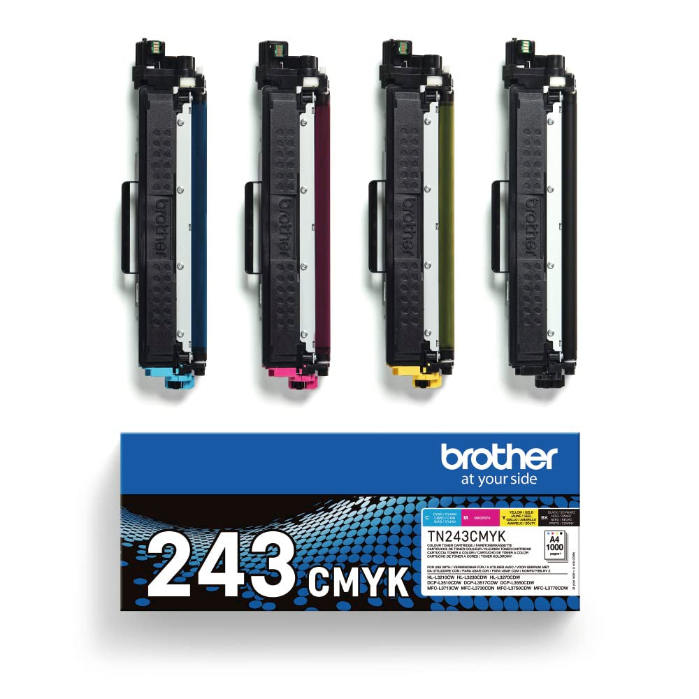 Brother TN-243CMYK Original Toner Cartridge prints up to 1000 pages, in cyan, magenta, yellow, and black. 1 pack.