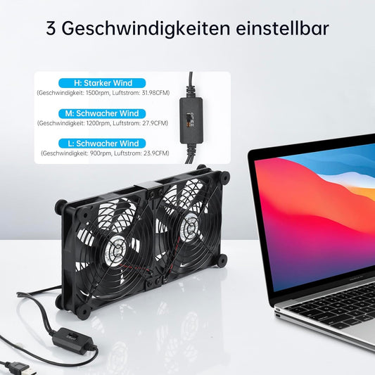 ELUTENG USB Fan 140mm 5V 2 in 1 with 3 Adjustable Speeds, Dual USB Computer Fan 140mm PC Fan 14mm with 8 Shock-Absorbing Feet for PS5 PS4/Laptop/TV Box/Router