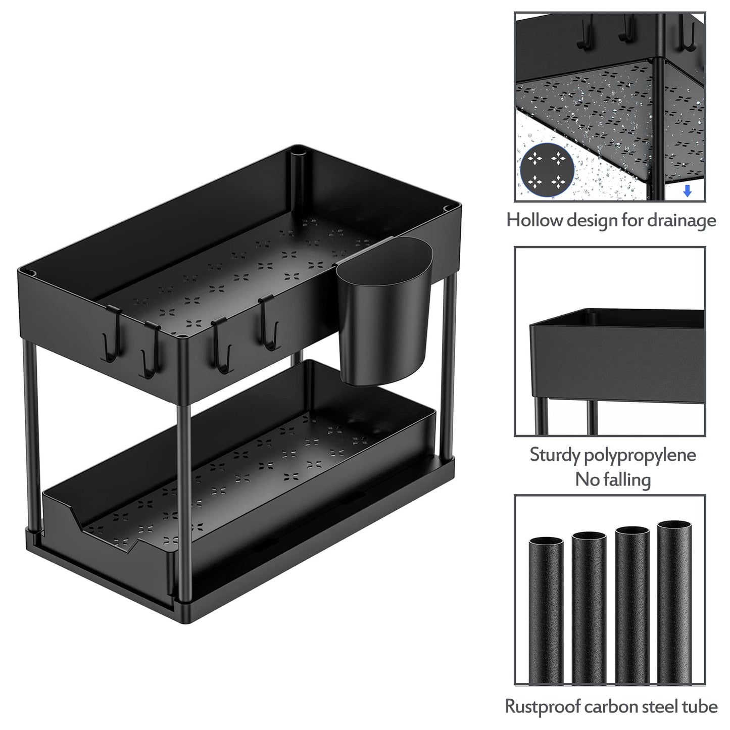 Puricon under sink shelf cabinet organizer, 2-tier countertop kitchen rack organizer, multifunctional spice rack under cabinet shelf sink rack - Black