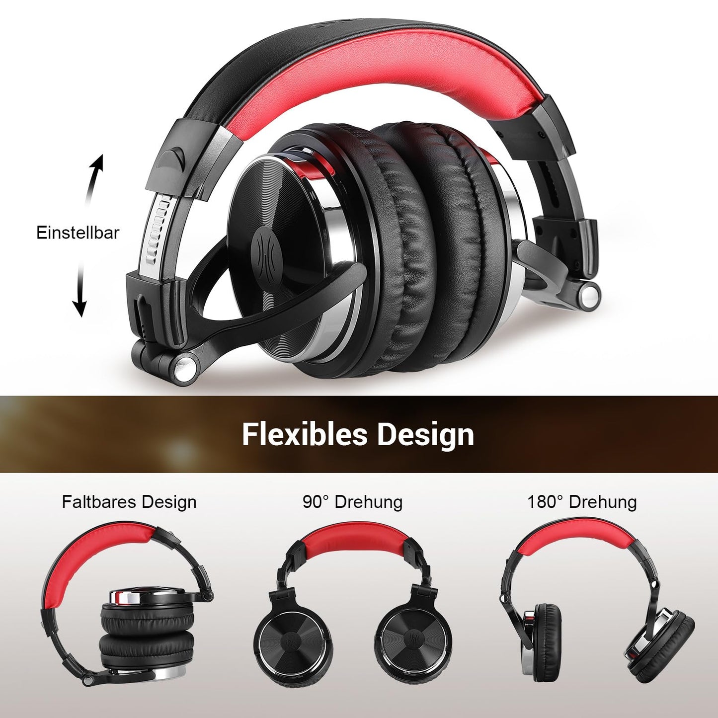 OneOdio over-ear headphones with cable, 50mm drivers, bass sound, 6.35 & 3.5mm jacks, share port, closed-back DJ headphones for studio, podcast, monitoring, phone, PC, MP3/4 (Pro-10 Red)