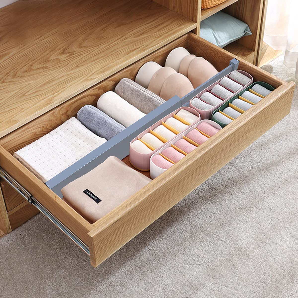 ANTOWIN Drawer Divider Adjustable Bamboo (42.5-56.4cm), Drawer Organizer, Spring Loaded, Kitchen, Dresser, Bathroom, Bedroom, Baby Drawer, Desk Organization System (grey)