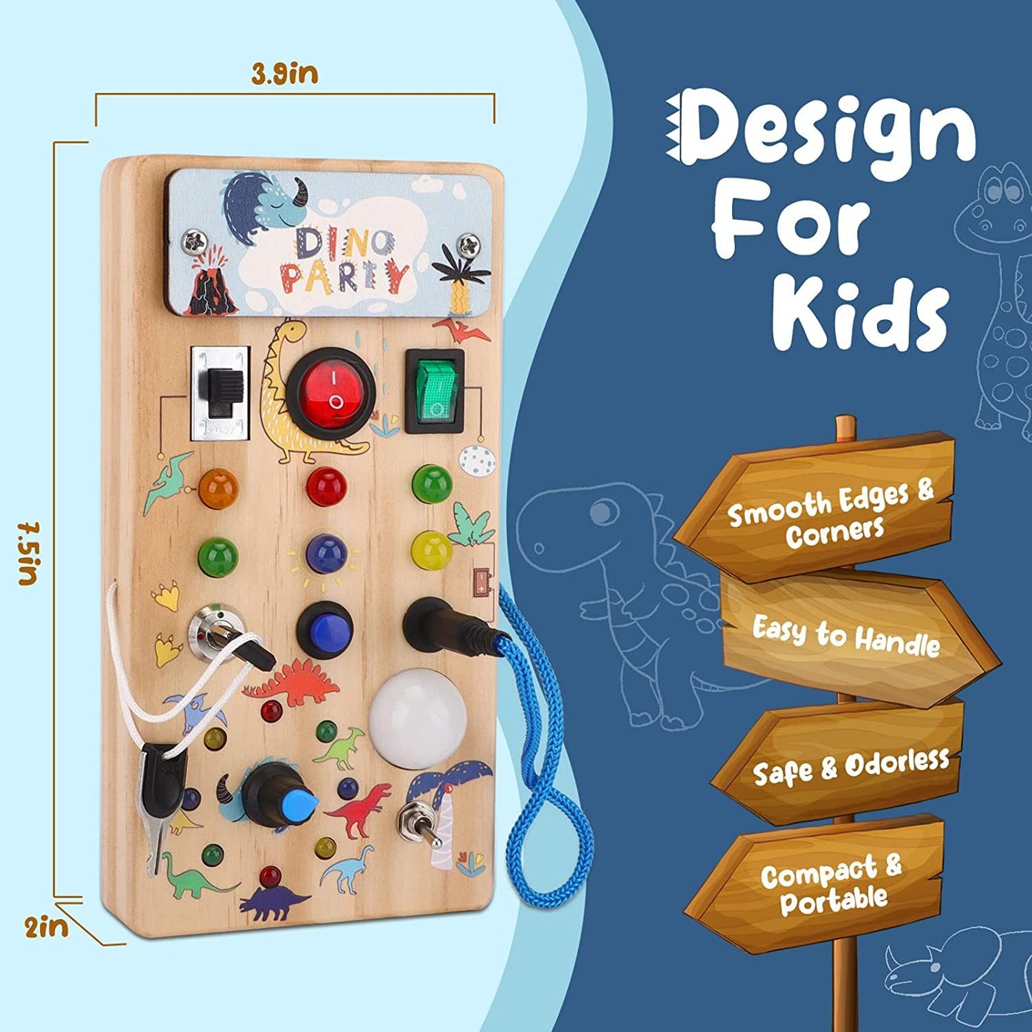 Hello Dinosaur Montessori Busy Board for 1 year old Montessori toy with 8 LED light switch toy Activity Board Wooden toy Motor skills toy Sensory learning toy for babies