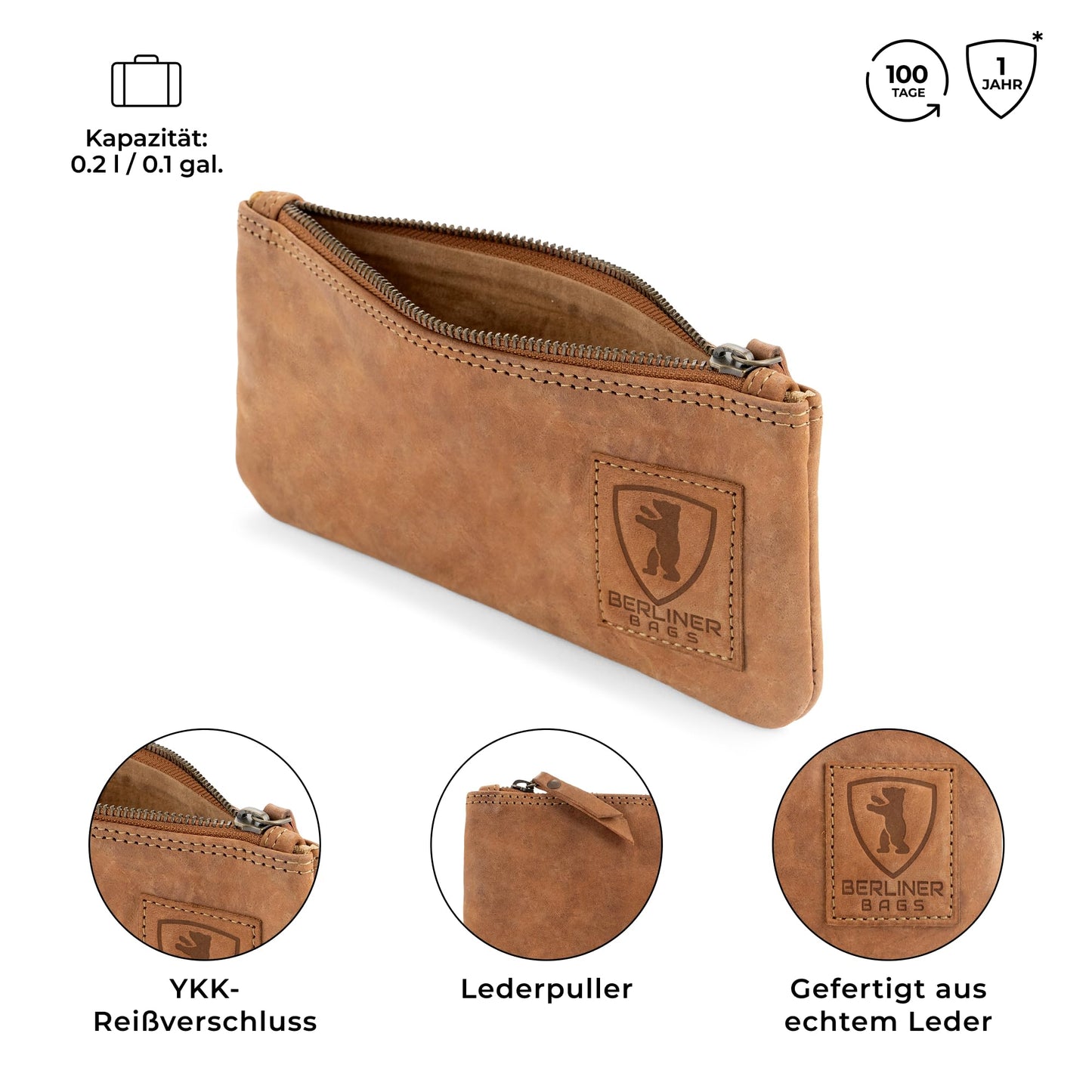 Berlin Bags Vintage leather pencil case with YKK zipper, durable pen pouch for pencils and accessories - Brown.