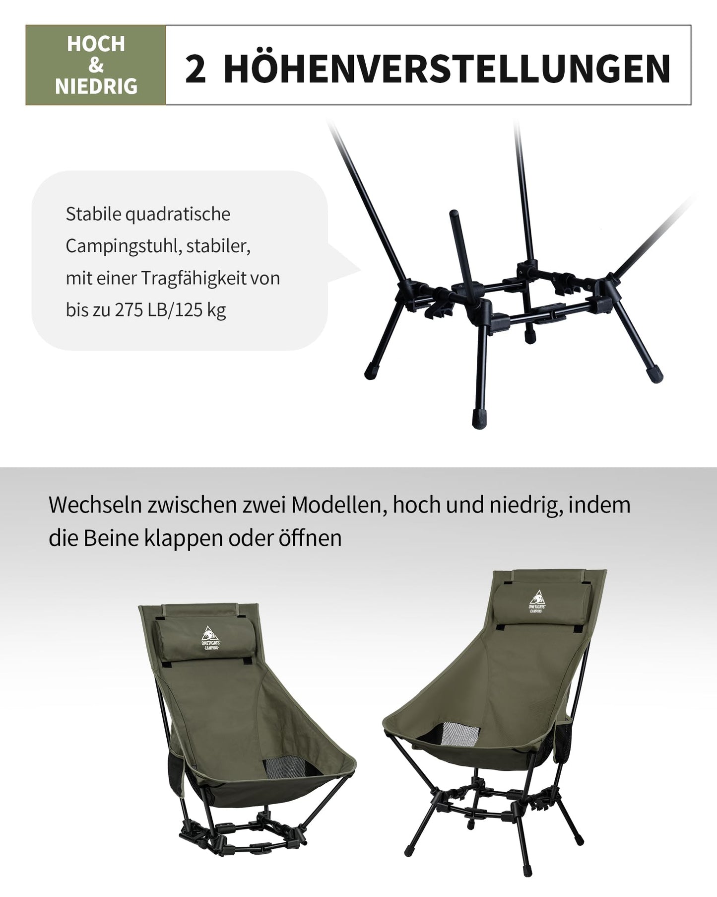 OneTigris DRAGONHIDE camping chair high backrest foldable 125 kg, foldable camping chair lightweight, foldable fishing chair with 2 side pockets, ultralight folding chair for outdoor, hiking (Ranger Green)