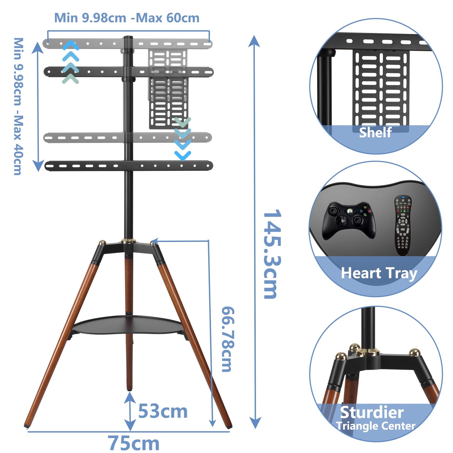 ETHU Tripod TV Stand Wooden TV Easel for 32-65 inch TVs, Height Adjustable TV Floor Stand with Media Shelf for LED/LCD Screens, TV Stand with 140° Swivel Function VESA 600x400mm
