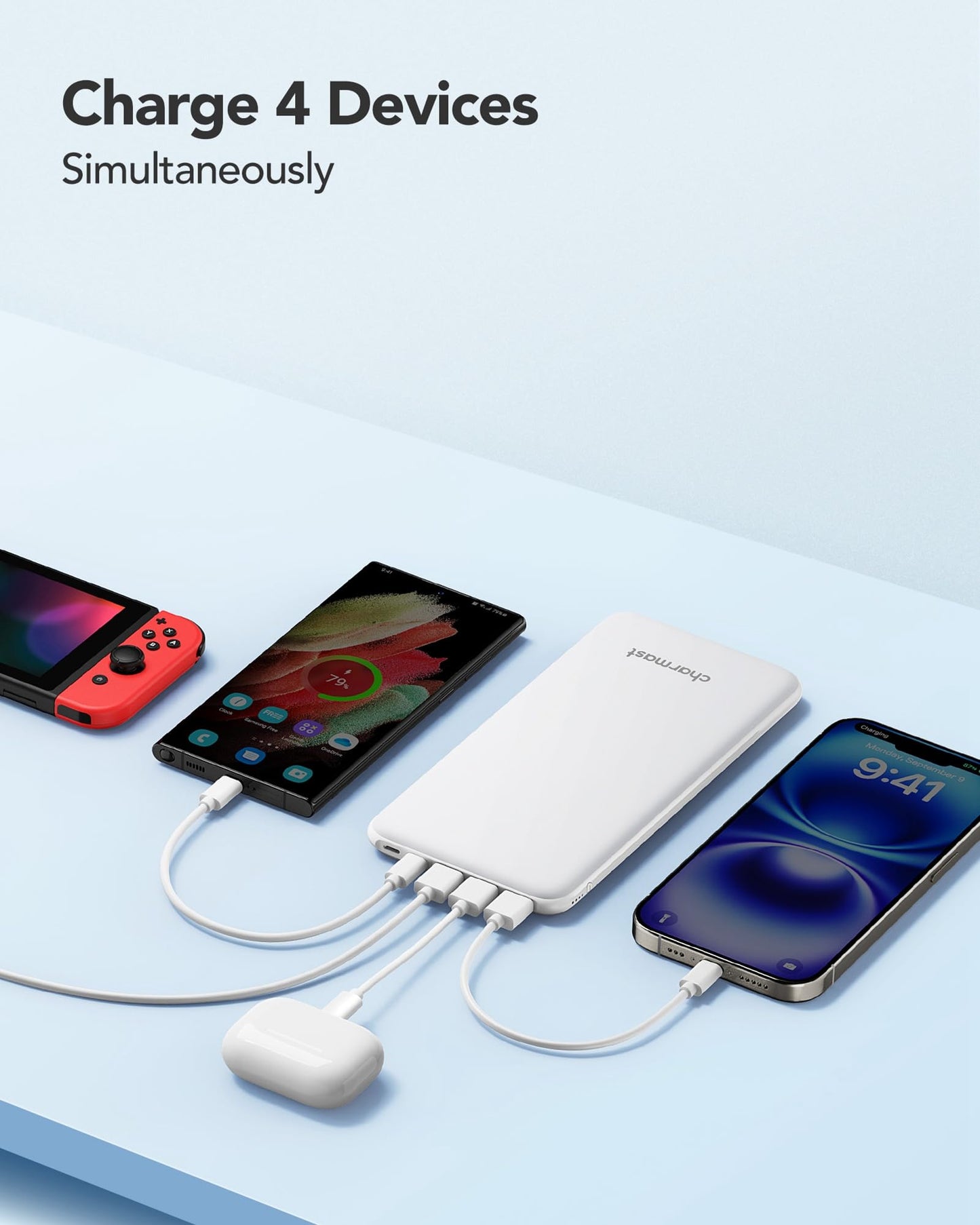 Charmast Power Bank, ultra slim power bank 26800mAh with 4 outputs & 3 inputs, USB C in & out external phone batteries compatible with iPhone 16/15/14/13/12 Pro Max Plus iPad Samsung Huawei Switch Tablet.