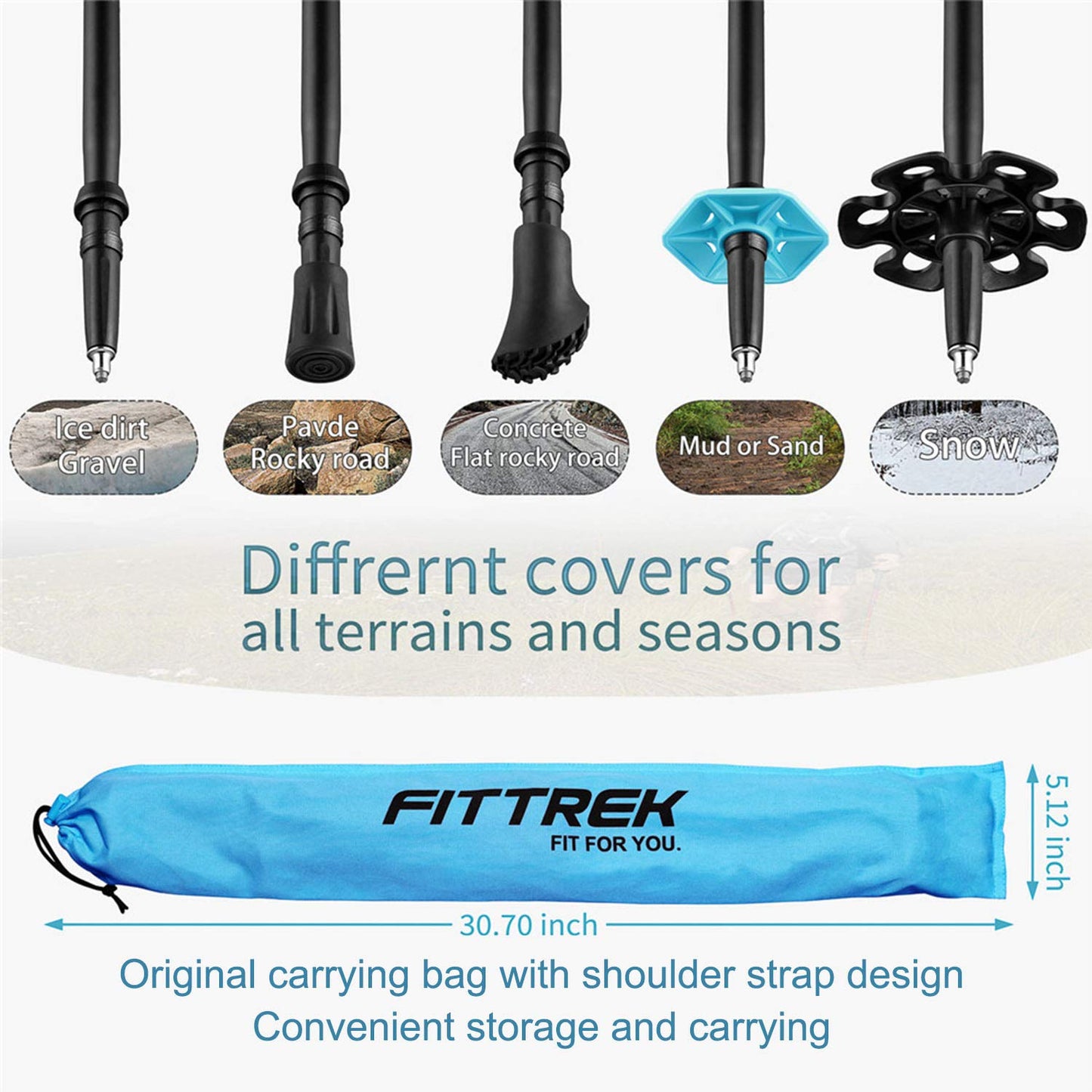 FitTrek hiking poles - Telescopic walking sticks - Adjustable lightweight Nordic walking stick for women, men, and children with rubber buffer, pads, and bag.