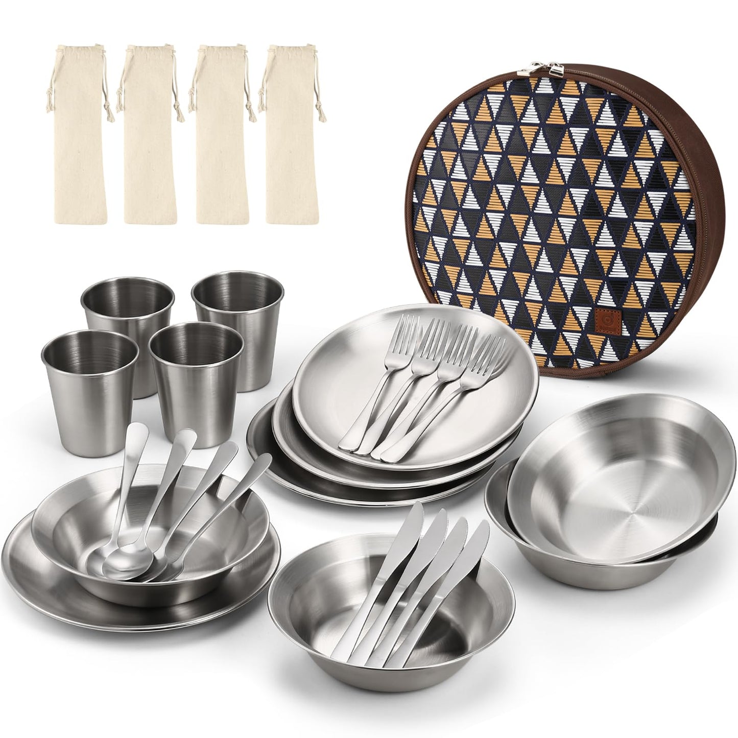 Odoland Camping Cutlery Set Tableware 25 PCS made of stainless steel Table service with case Knife Fork Spoon Plate Coffee cup ideal for 4 people Outdoor Travel Hiking Camping