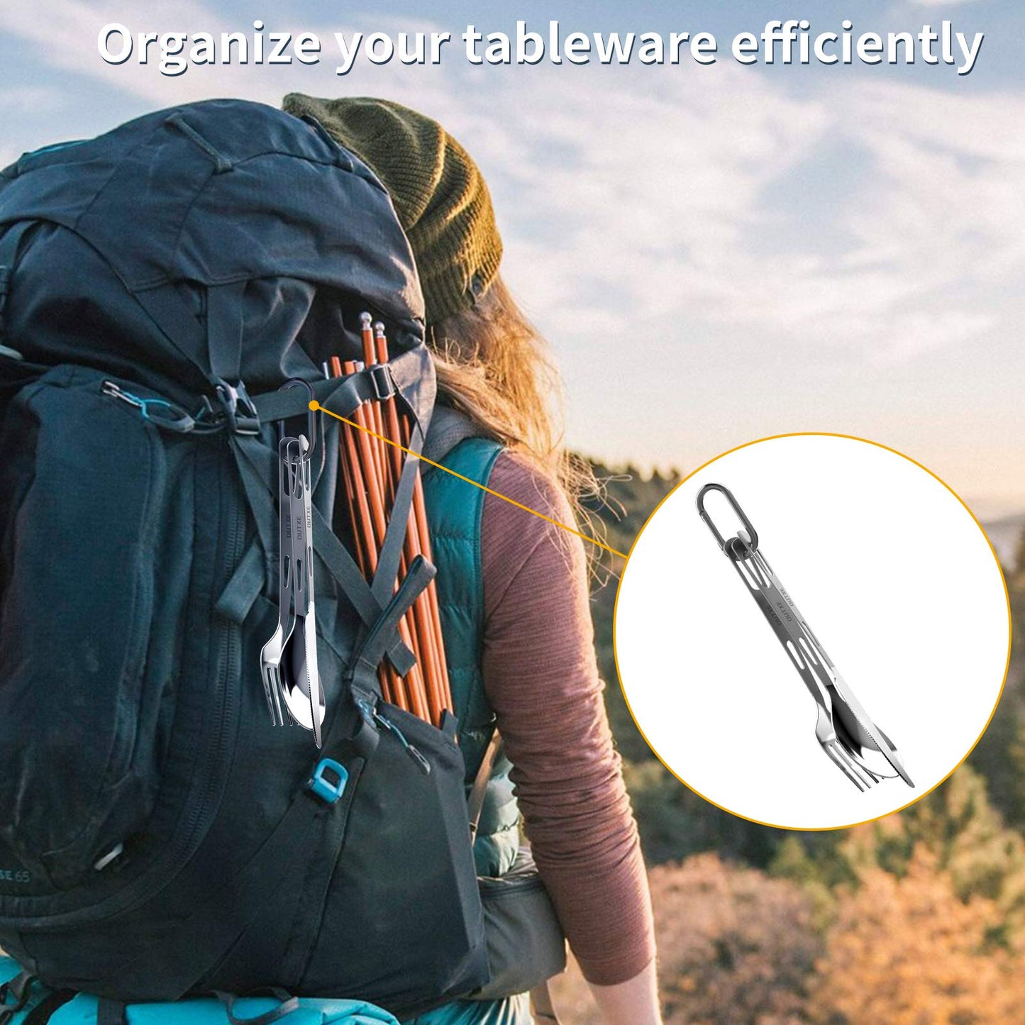 OUTXE Titanium camping utensil set 3-piece polished titanium spoon-fork-knife combo and neoprene case, lunchbox cutlery set and travel utensil.