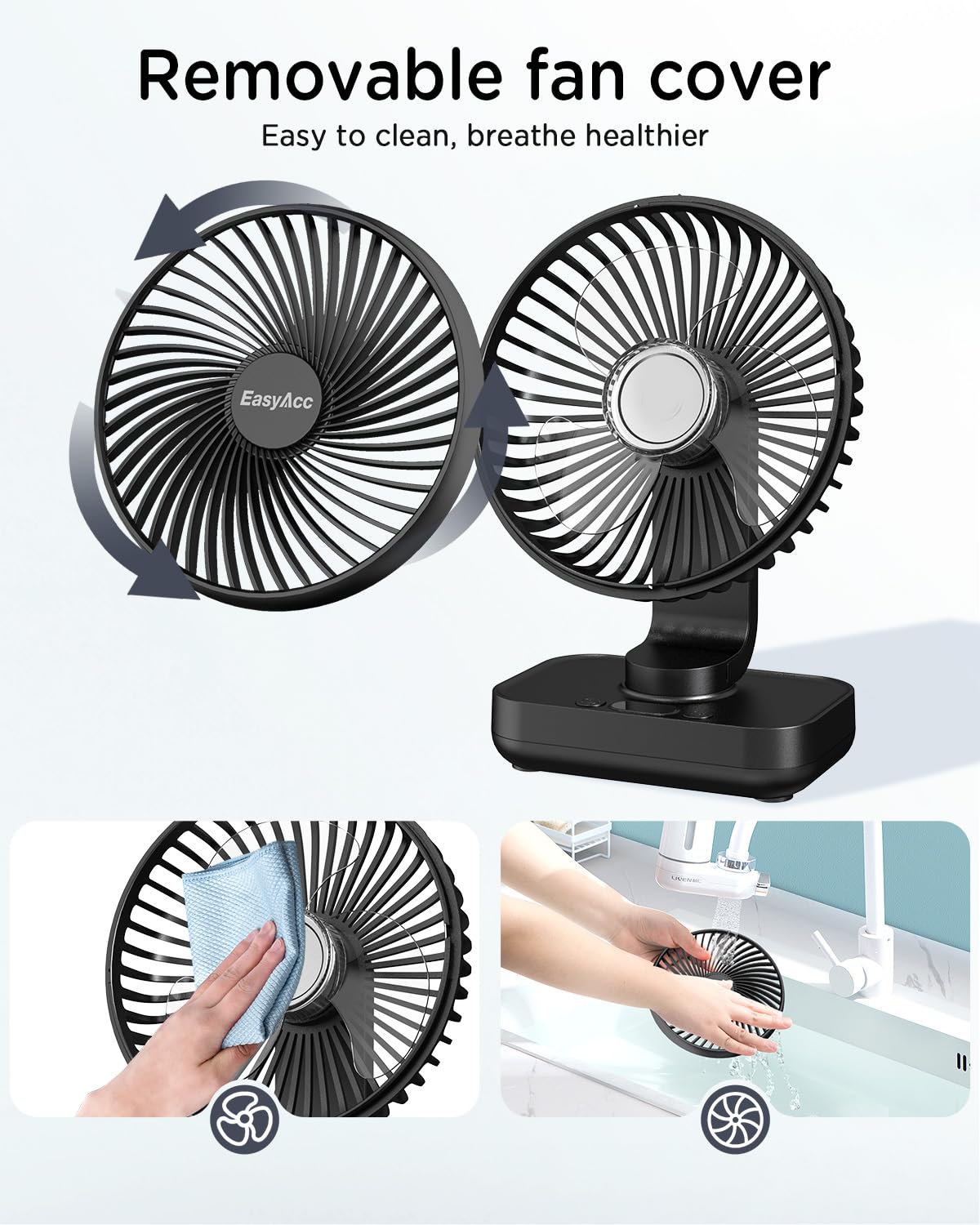 EasyAcc Table Fan, 4000 Battery Automatic Oscillating Small USB Fan, Portable Rechargeable Base Fans with 4 Speeds for Camping, Office, Library, and Home - Black