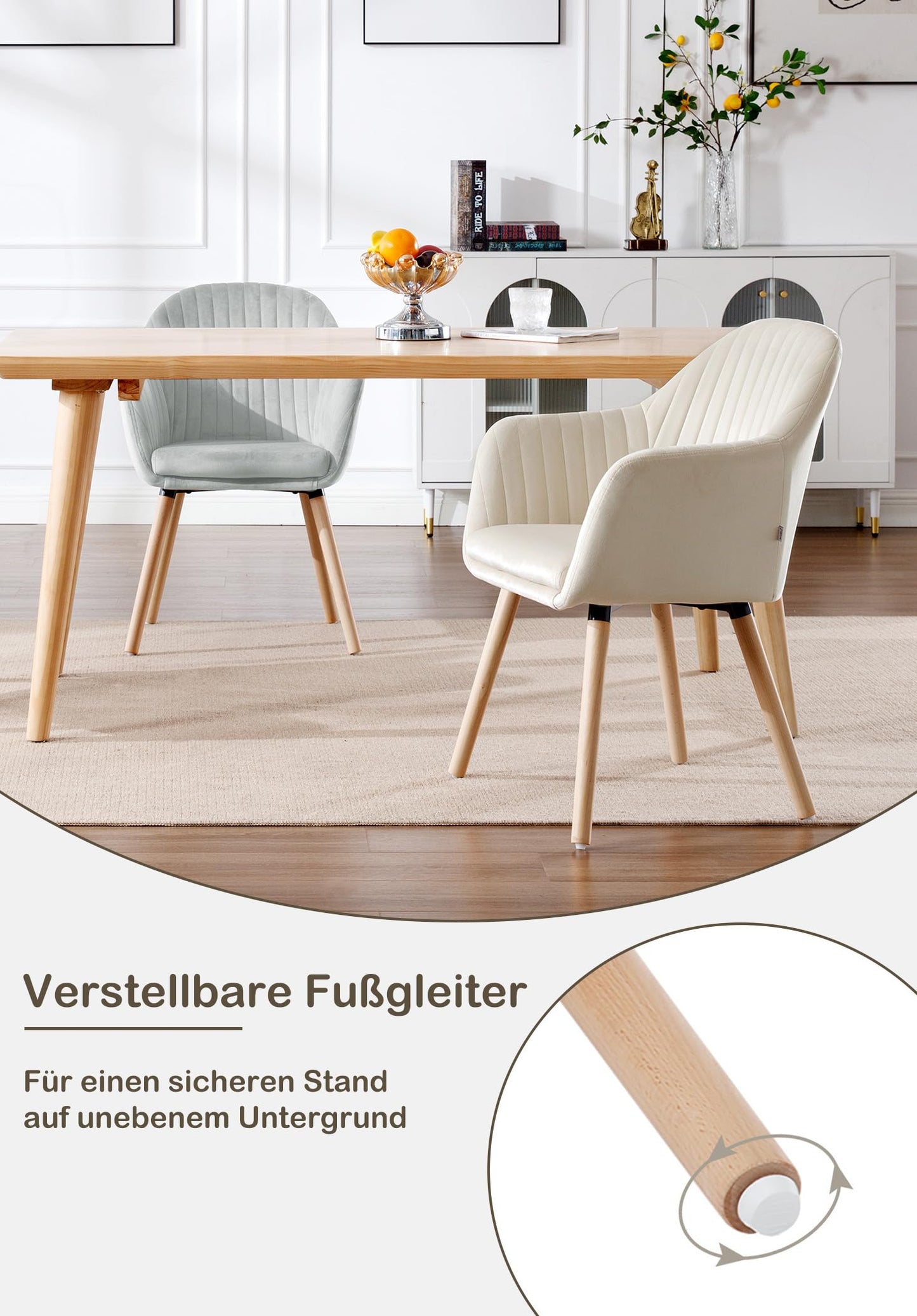WOLTU dining chairs set of 2, for bedroom kitchen living room, upholstered kitchen chairs with armrest, made of velvet solid wood, cream white