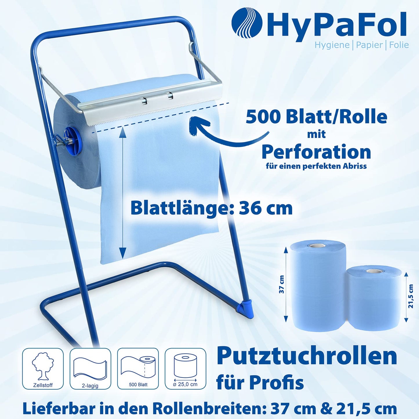 2 x blue absorbent paper roll with floor stand dispenser, 1000 sheets, 37x36 cm | 2-ply perforated paper towels | for industrial, workshop, and restaurant use | Diameter 25 cm
