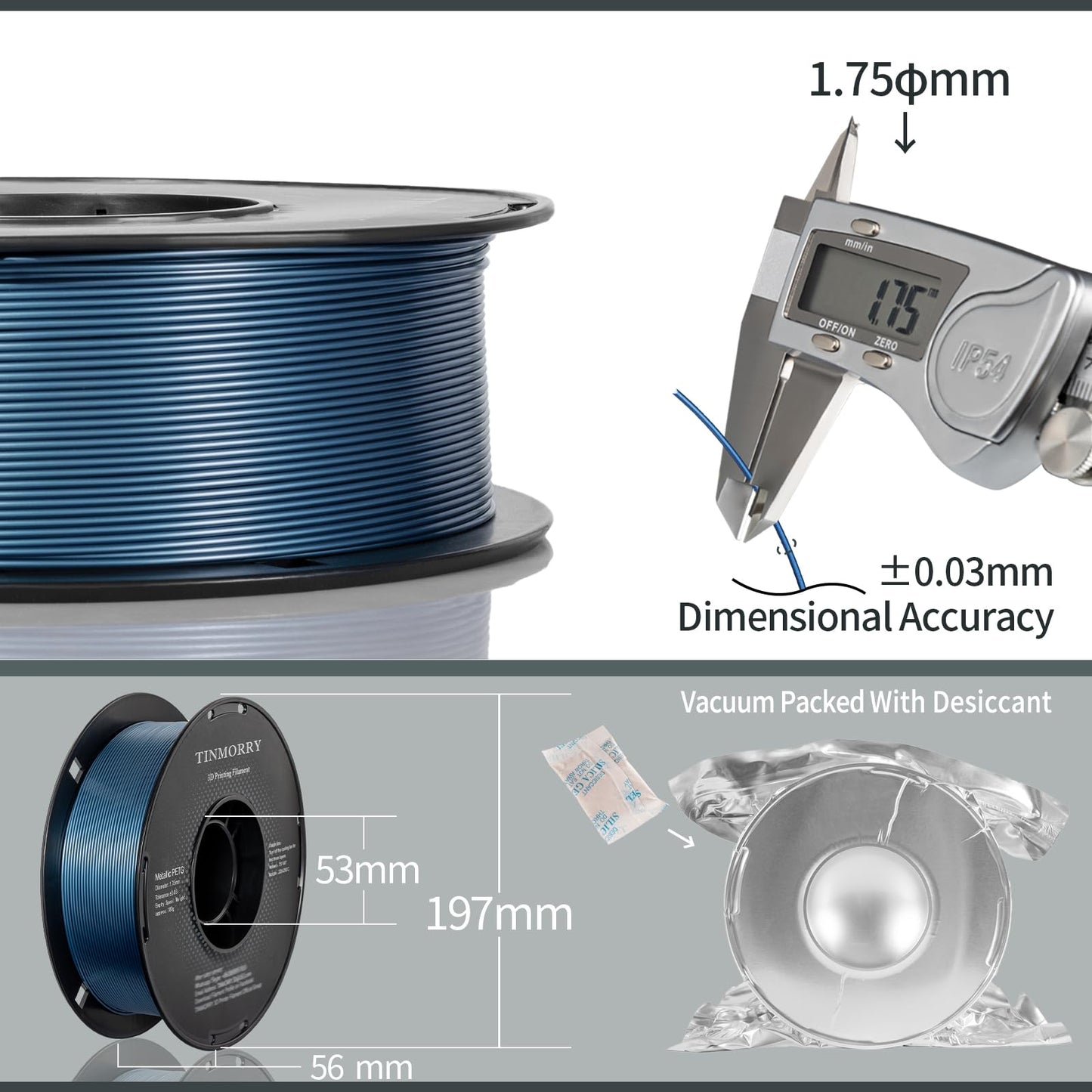 Metallic PETG Filament 1.75mm, TINMORRY PETG 3D Printing Filament, PETG with fast flow rate, compatible with Bambu Lab FDM 3D printers, 1kg, 1 spool, Metallic Blue.