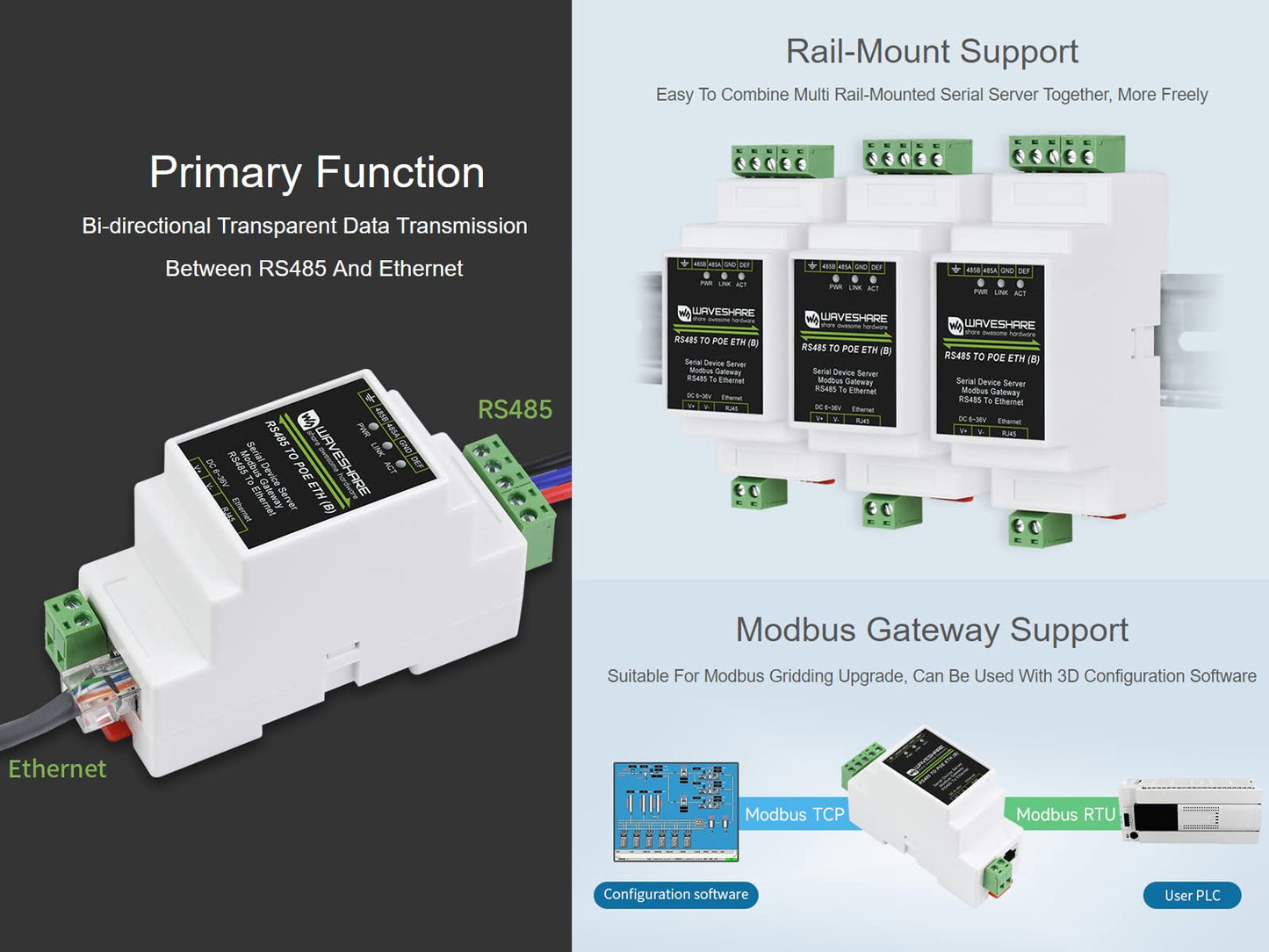 Industrial RS485 to Ethernet Serial Server Modbus Gateway MQTT Gateway TCP/IP to Serial Module, Supports PoE Ethernet Port power supply, with power and signal isolation protection, rail mounting.