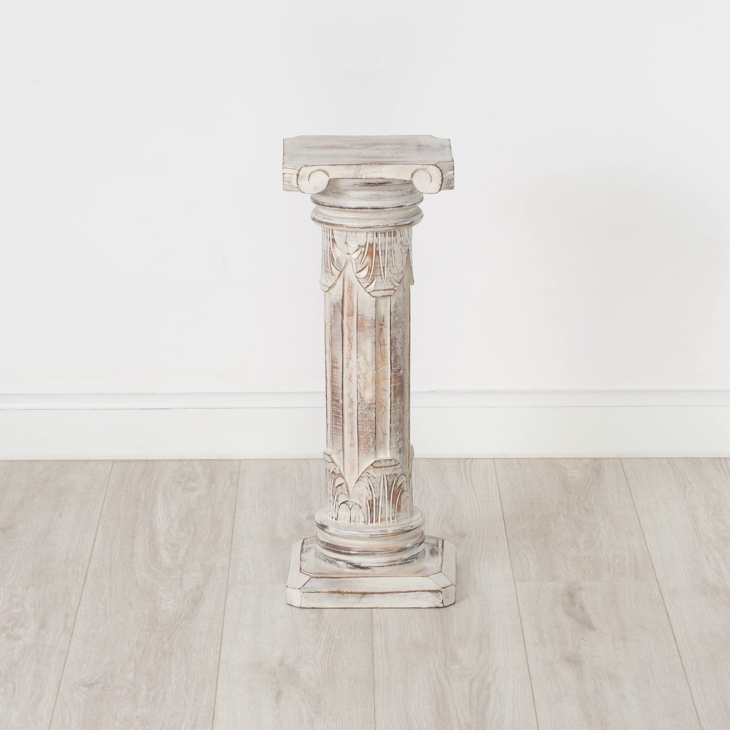 livasia noble flower column wood in antique look - 60cm - decorative column made of albizia wood, handmade, sustainable and unique from Bali, perfect for living room, hallway or garden (white)