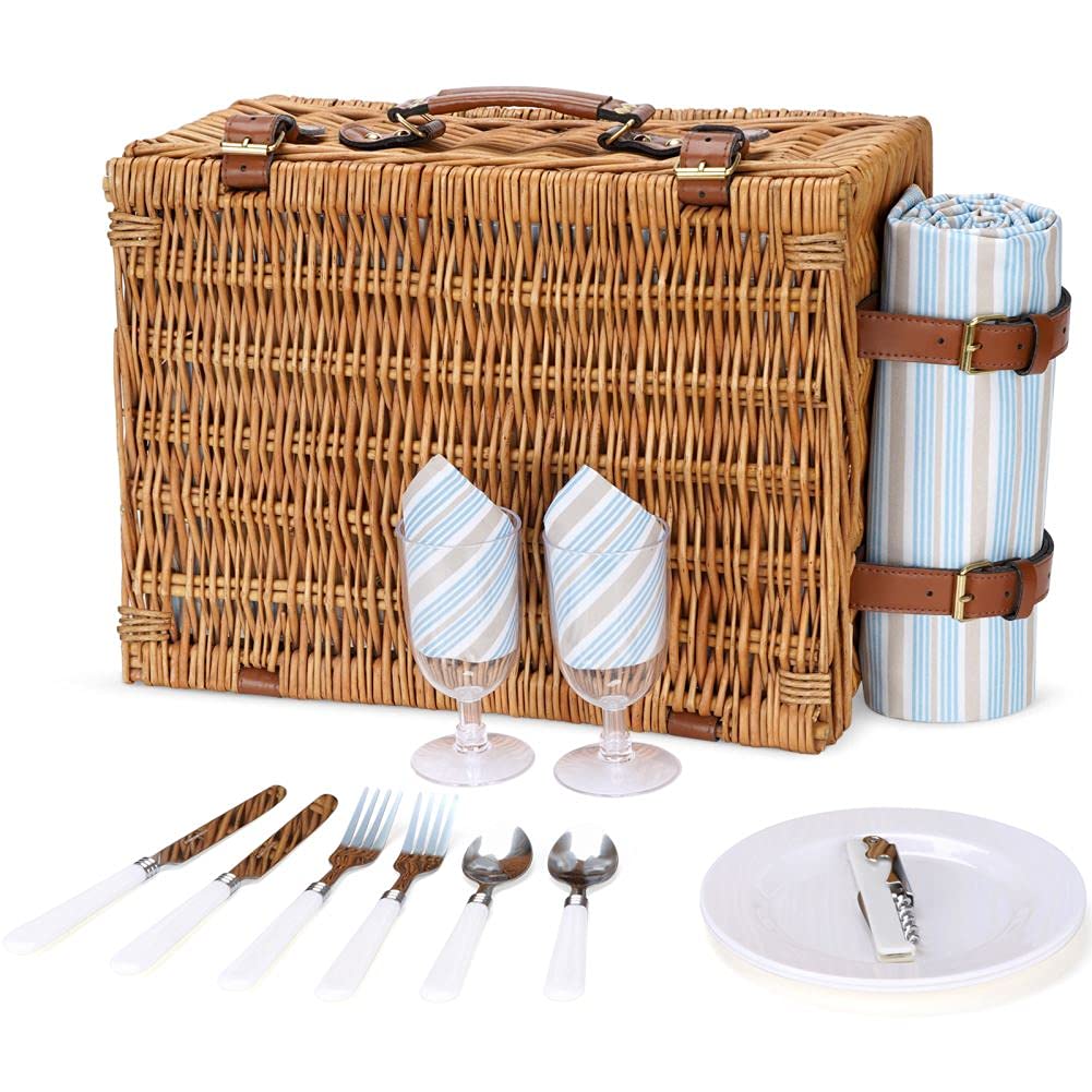 HappyPicnic Wicker Picnic Basket for 4 people, Willow Storage Hamper Service Gift Set for Camping and Outdoor Party (M for 2 Persons)