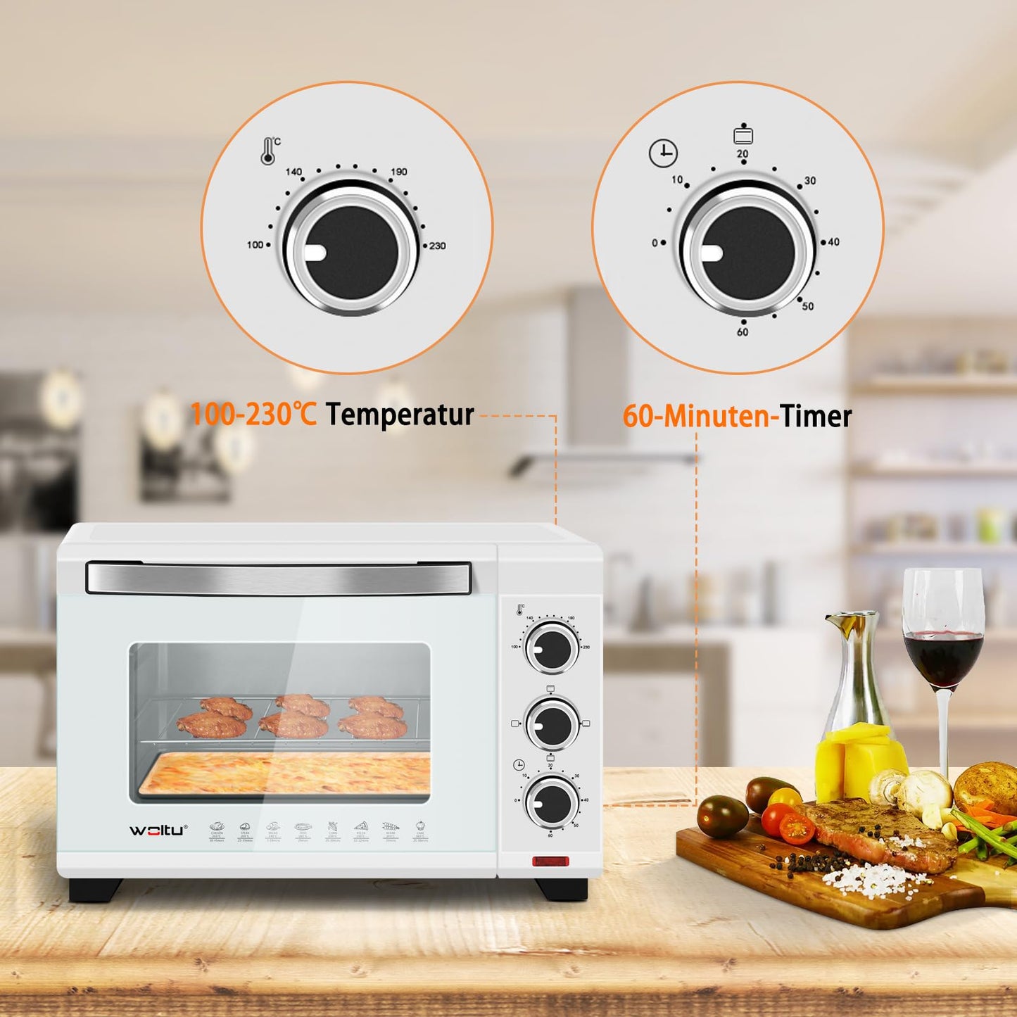 WOLTU Mini oven 21 L, electric mini oven, toaster oven, pizza oven, 1280 W, 100-230 °C, timer 60 min., top/bottom heat, double glazing, white